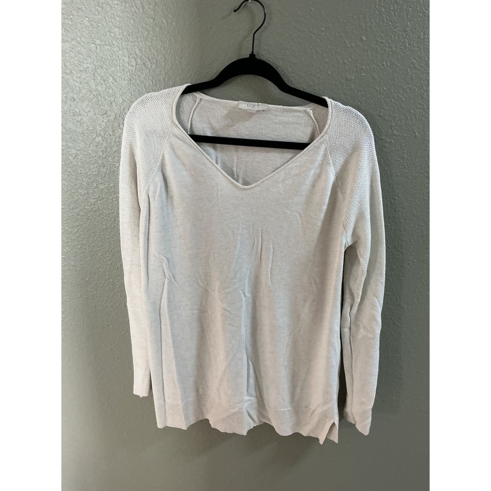 LOFT Outlet Womens XL Cream V-Neck Mixed Knit Raglan Sleeve Sweater 505052
